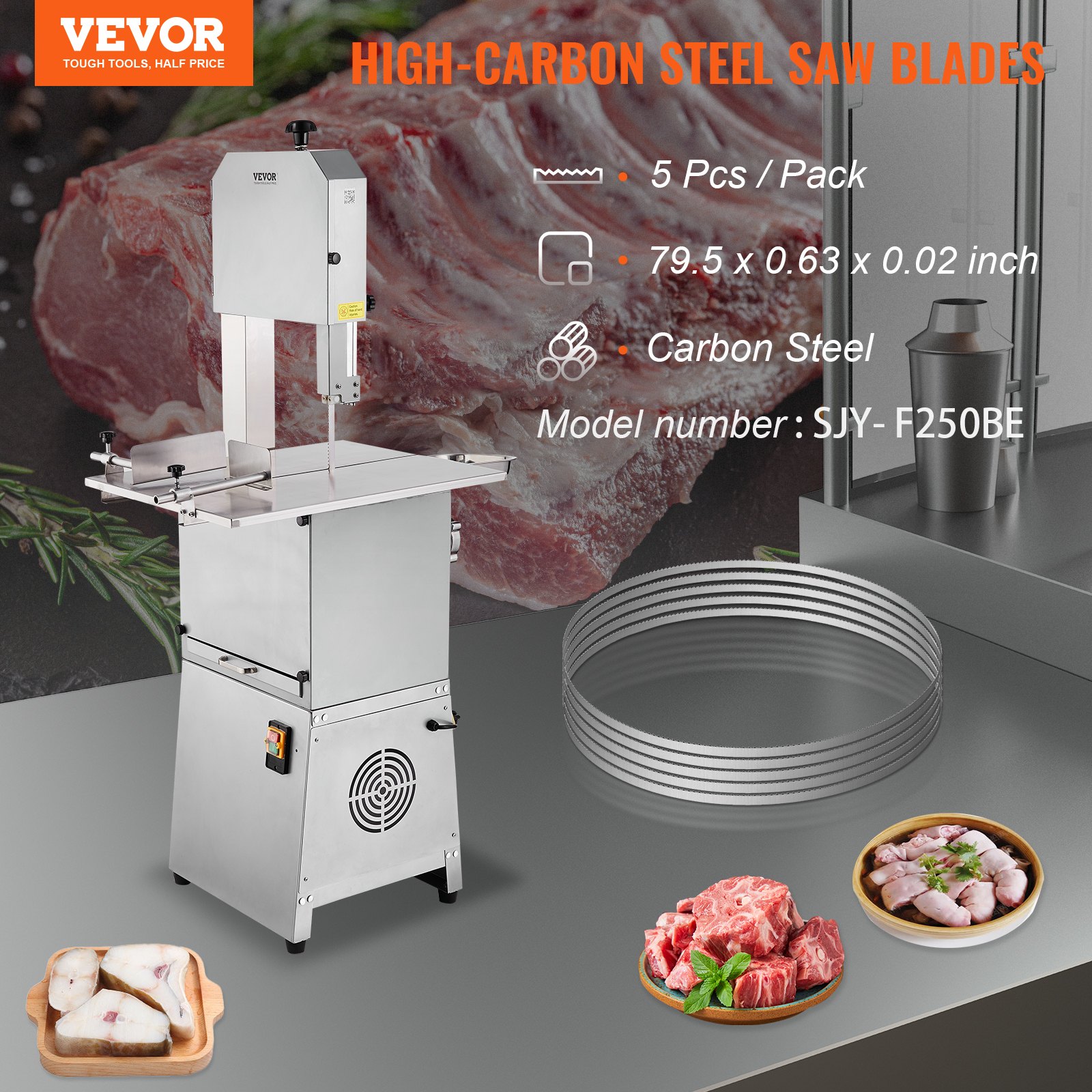 VEVOR 5 Stk. Knochen Sägemaschine Sägeblatt 2020 x 16 x 0,56 mm, Elektrische Knochenschneidemaschine Sägeblatt Kompatible Modelle SJY-F250BE, Harte Knochen, Gefrorenes Fleisch, Fisch usw.