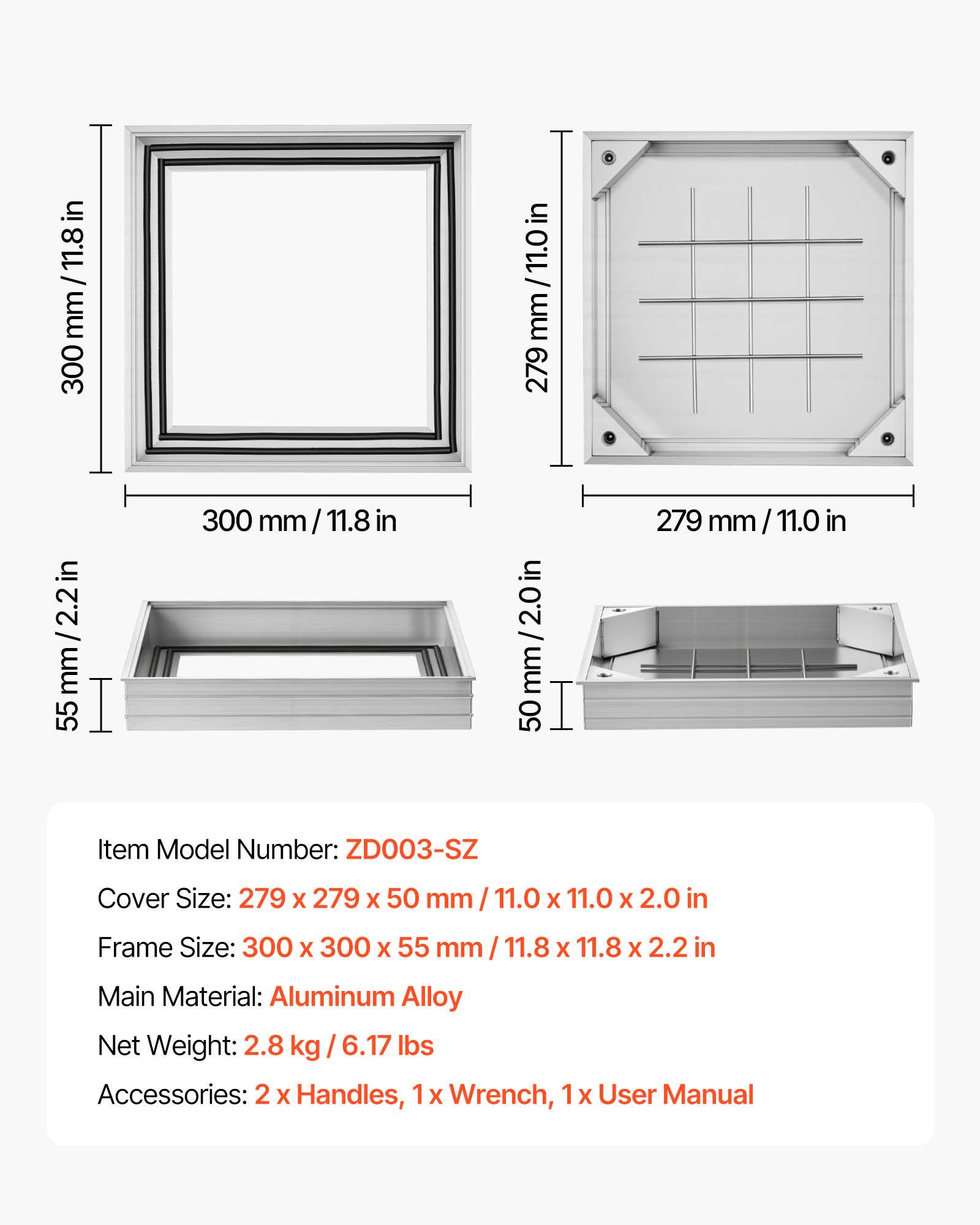 VEVOR Schachtabdeckung mit Rahmen 30 x 30 cm, Unsichtbarer Schachtdeckel Auspflasterbarer Klärgrubendeckel aus Aluminiumlegierung für Integrierten Abflusskanal auf Gehwegen in Gärten auf Terrasse
