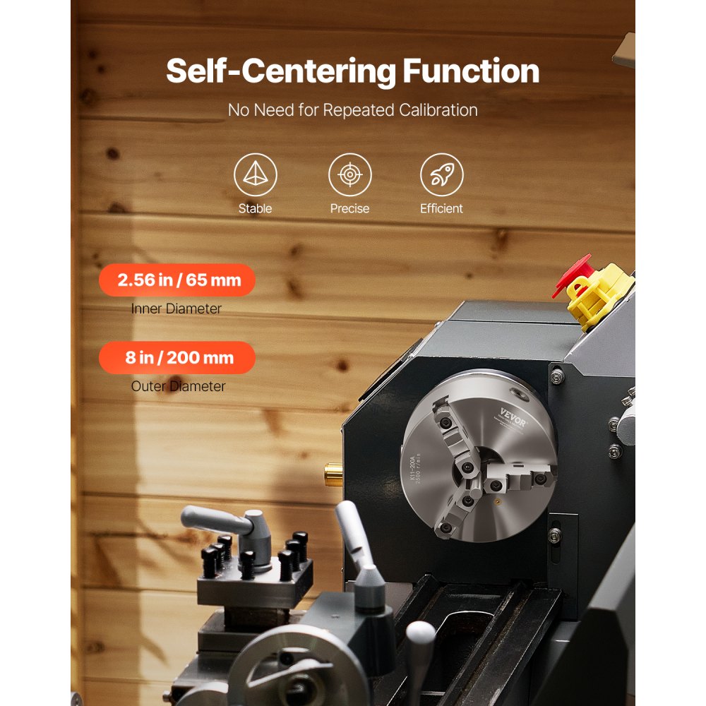 VEVOR 3-Backen-Drehfutter, φ200 mm, Spannfutter mit 57,15-mm-8-Gewinde-Trägerplatte, 4-200 mm Spannbereich mit T-Schlüsselschrauben, HT300-Material, für Holz-Metall-Drehmaschinen