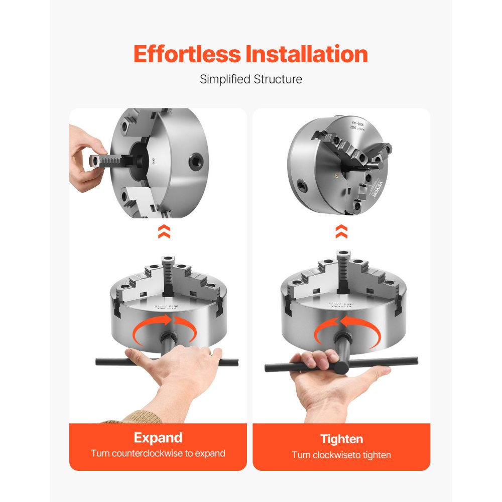 VEVOR 3-Backen-Drehfutter, φ200 mm, Spannfutter mit 57,15-mm-8-Gewinde-Trägerplatte, 4-200 mm Spannbereich mit T-Schlüsselschrauben, HT300-Material, für Holz-Metall-Drehmaschinen