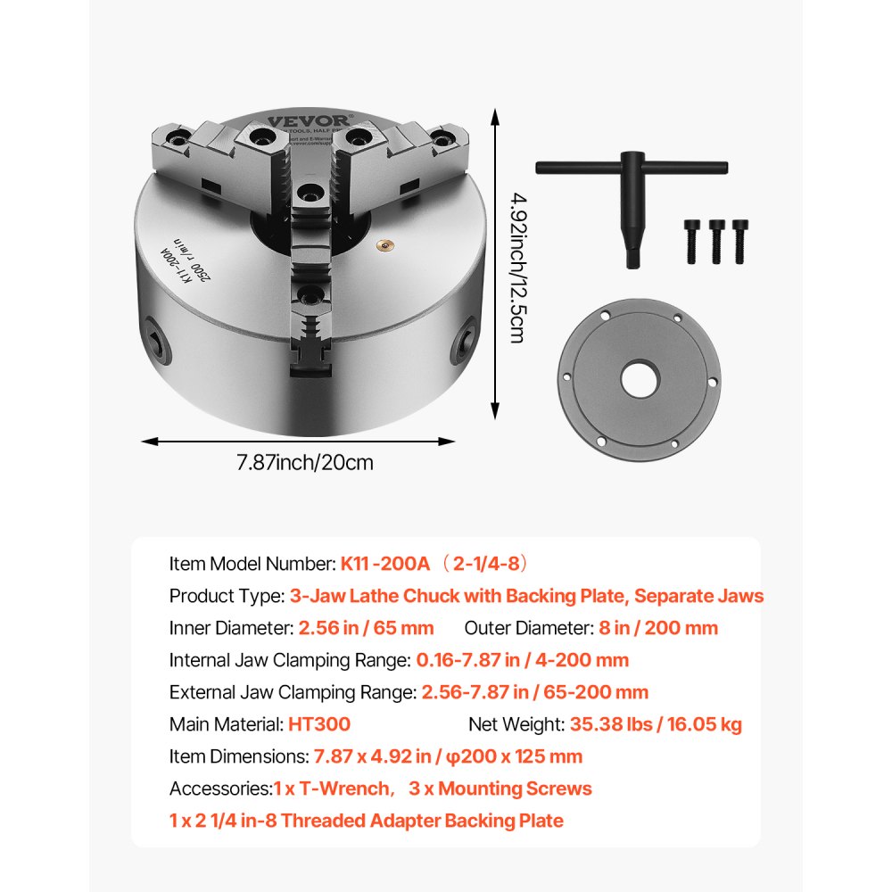 VEVOR 3-jaw lathe chuck, φ200 mm, chuck with 57.15 mm 8-threaded carrier plate, 4-200 mm clamping range with T-bolts, HT300 material, for wood/metal lathes