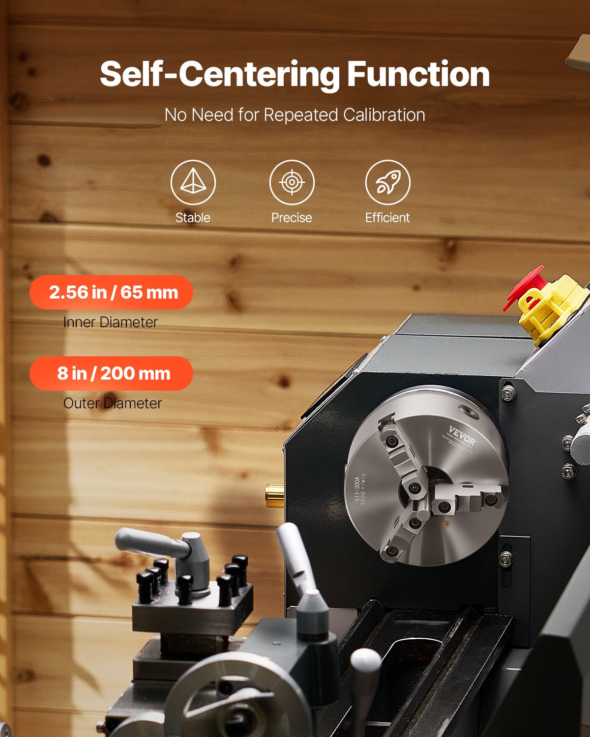 VEVOR 3-Backen-Drehfutter, φ200 mm, Spannfutter mit 57,15-mm-8-Gewinde-Trägerplatte, 4-200 mm Spannbereich mit T-Schlüsselschrauben, HT300-Material, für Holz-Metall-Drehmaschinen