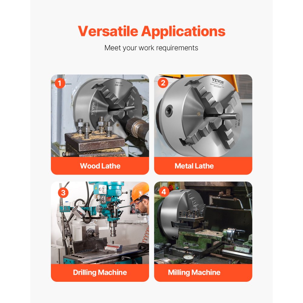 VEVOR 4-Backen-Drehfutter, φ200 mm, selbstzentrierendes Spannfutter mit 38,1-mm-8-Gewindeträgerplatte, 4-200 mm Spannbereich mit T-Schlüsselschrauben, HT300-Material, für Holz-Metall-Drehmaschinen