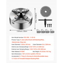 VEVOR φ200mm 4-Backen Drehfutter Spannfutter mit 38,1-mm-8 Gewindeträgerplatte