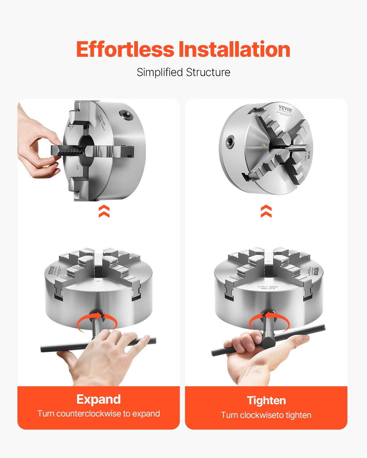 VEVOR 4-Backen-Drehfutter, φ200 mm, selbstzentrierendes Spannfutter mit 38,1-mm-8-Gewindeträgerplatte, 4-200 mm Spannbereich mit T-Schlüsselschrauben, HT300-Material, für Holz-Metall-Drehmaschinen
