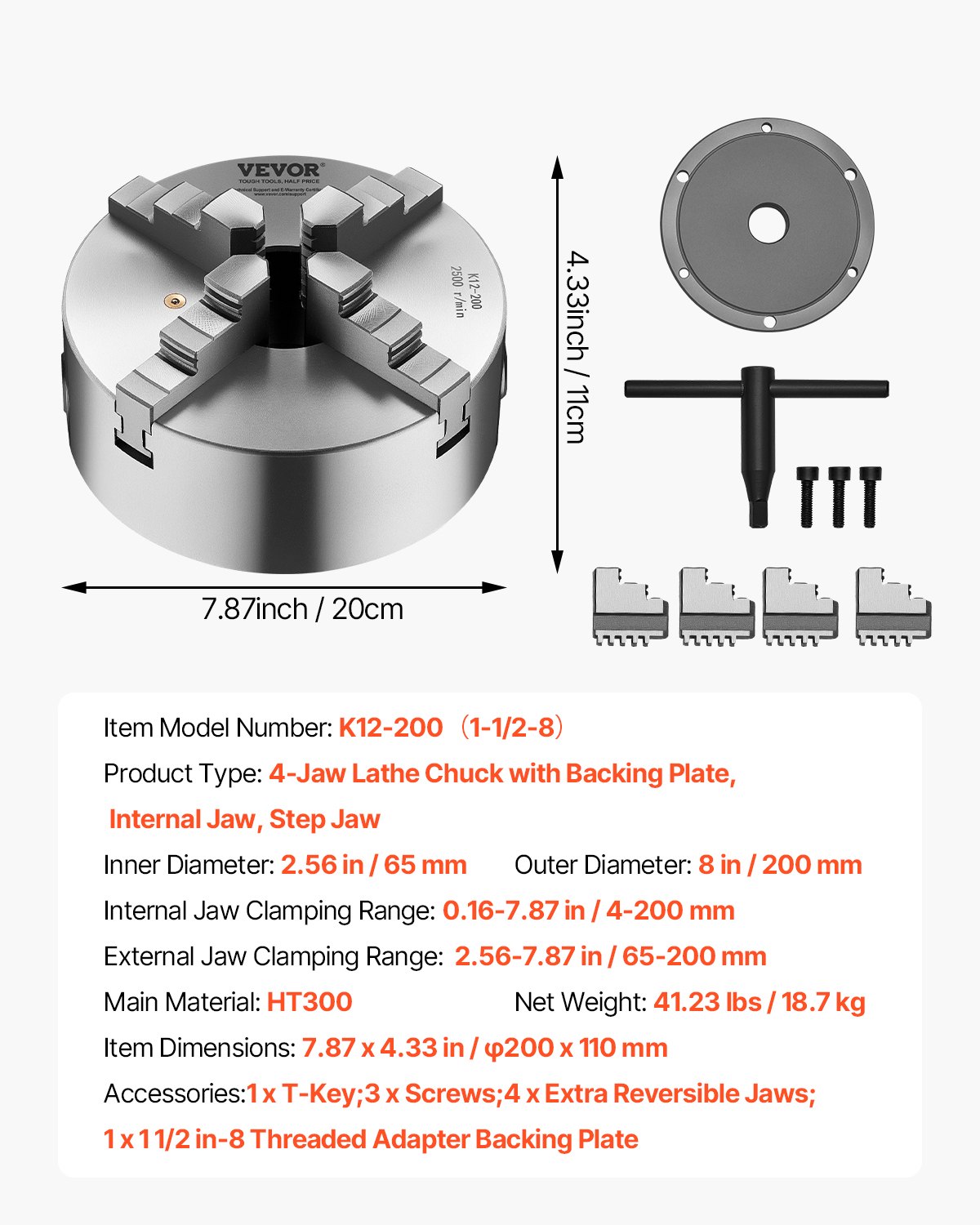 VEVOR 4-Backen-Drehfutter, φ200 mm, selbstzentrierendes Spannfutter mit 38,1-mm-8-Gewindeträgerplatte, 4-200 mm Spannbereich mit T-Schlüsselschrauben, HT300-Material, für Holz-Metall-Drehmaschinen