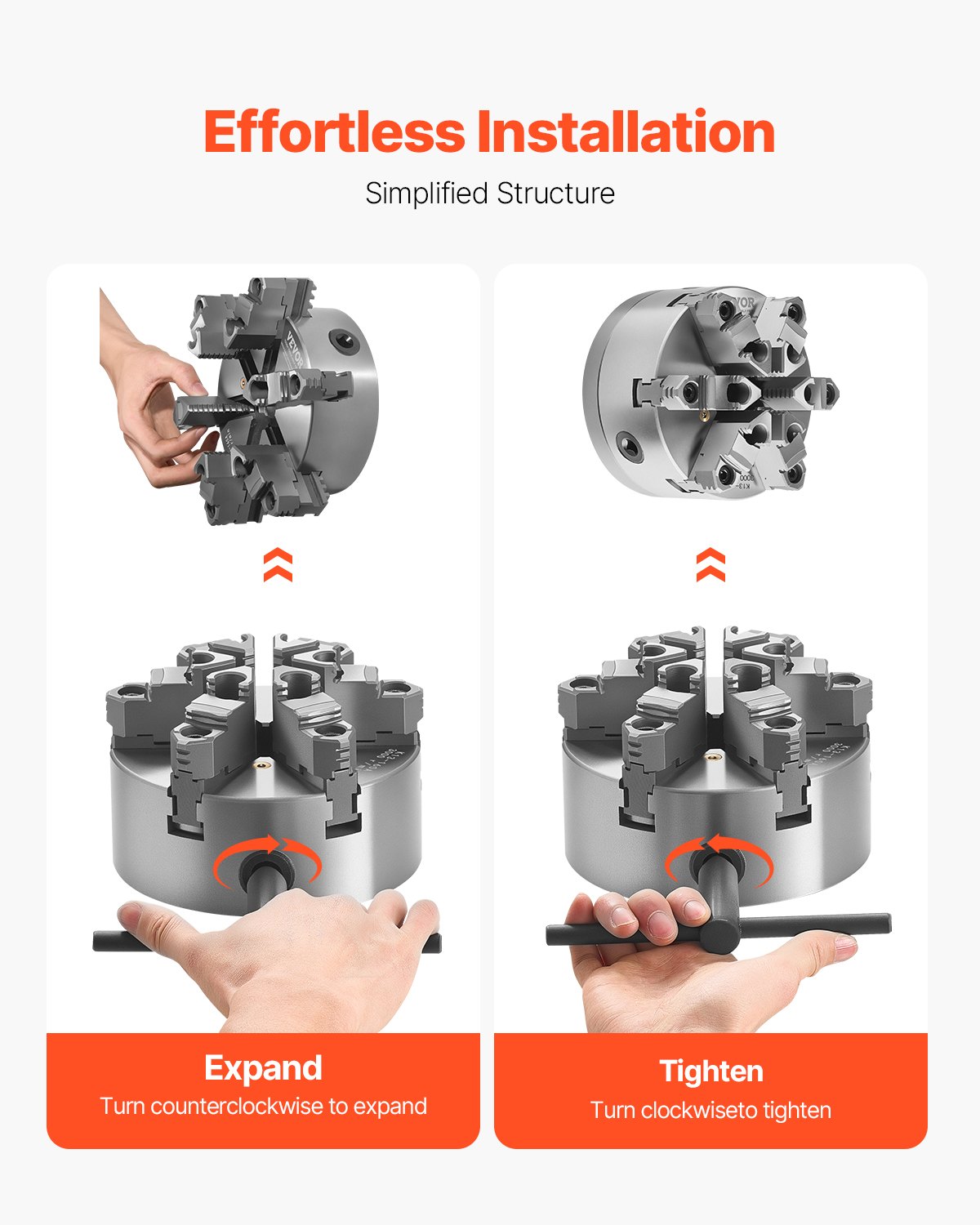 VEVOR 6-jaw chuck, 160 mm, self-centering chuck with D1-4 cam lock mounting plate, 3-145 mm clamping range with T-bolts, HT300 material, for wood and metal lathes