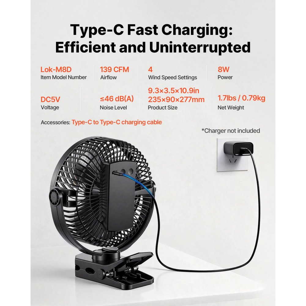 VEVOR Portable Clip Fan, Rechargeable Clip On Fan with Light, USB Port with 3 Speeds & Circulation Mode, Strong Airflow Sturdy Clamp, Long Runtime for Desk, Golf Cart,Outdoor Camping Treadmill,Black
