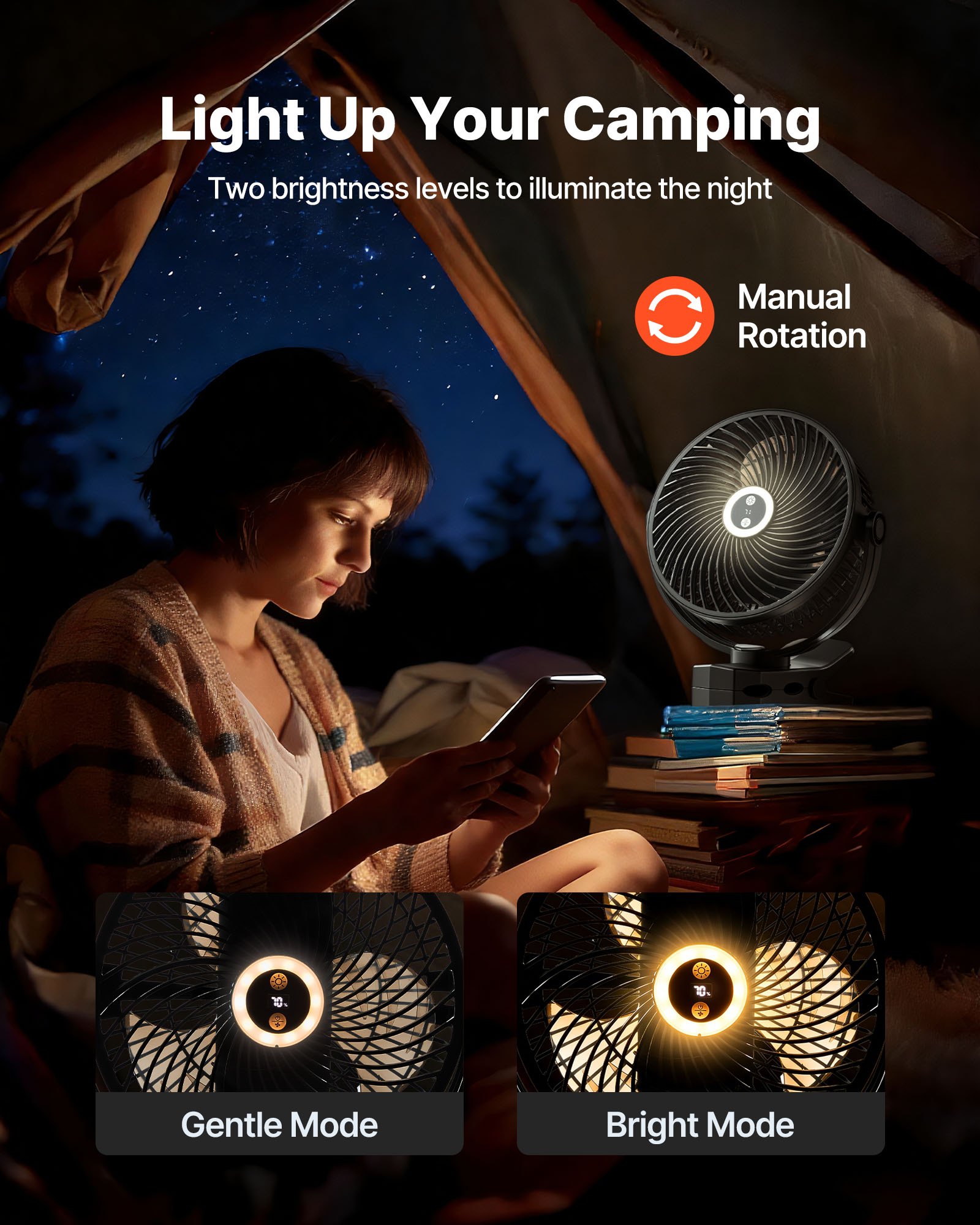 VEVOR Portable Clip Fan, Rechargeable Clip On Fan with Light, USB Port with 3 Speeds & Circulation Mode, Strong Airflow Sturdy Clamp, Long Runtime for Desk, Golf Cart,Outdoor Camping Treadmill,Black