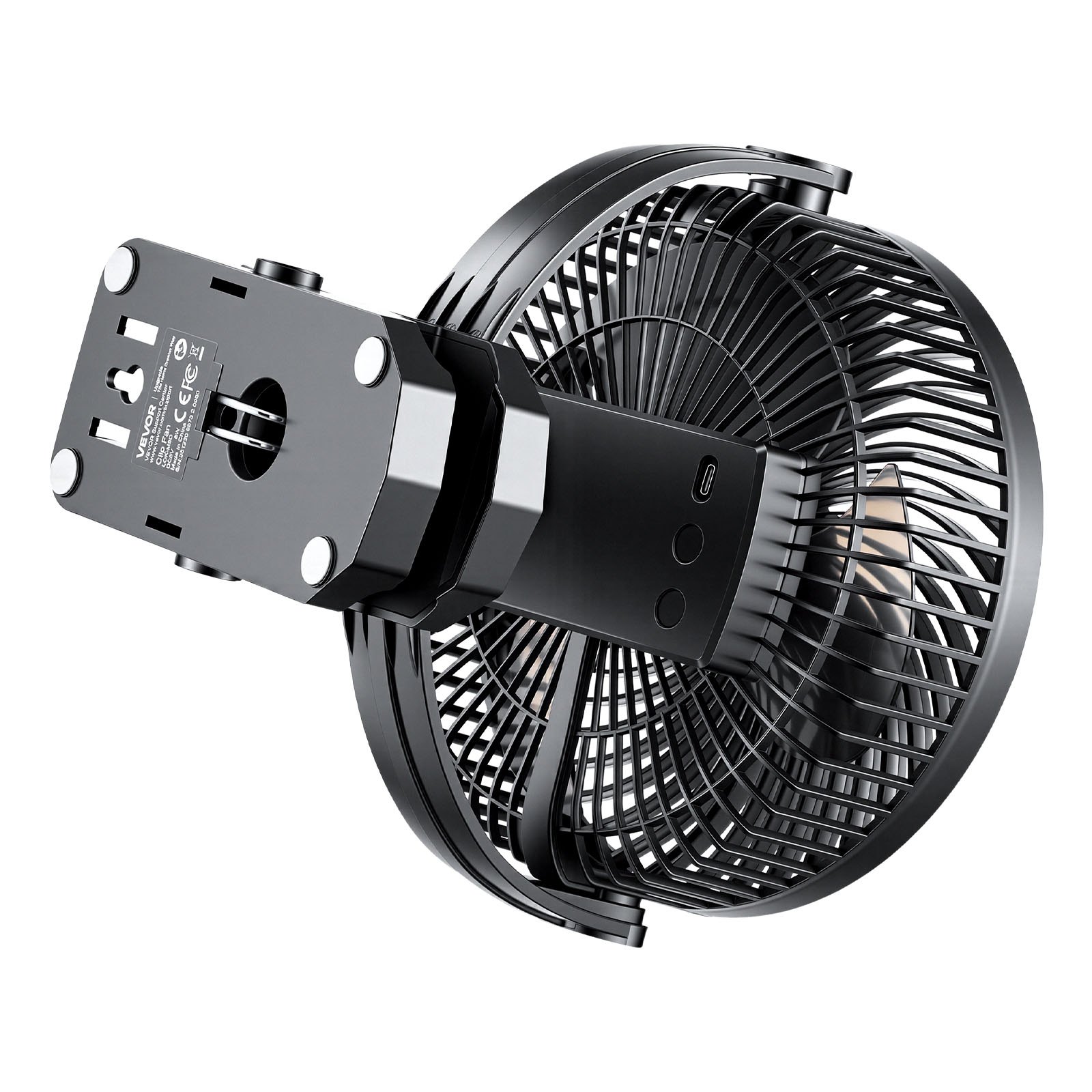 VEVOR Portable Clip Fan, Rechargeable Clip On Fan with Light, USB Port with 3 Speeds & Circulation Mode, Strong Airflow Sturdy Clamp, Long Runtime for Desk, Golf Cart,Outdoor Camping Treadmill,Black