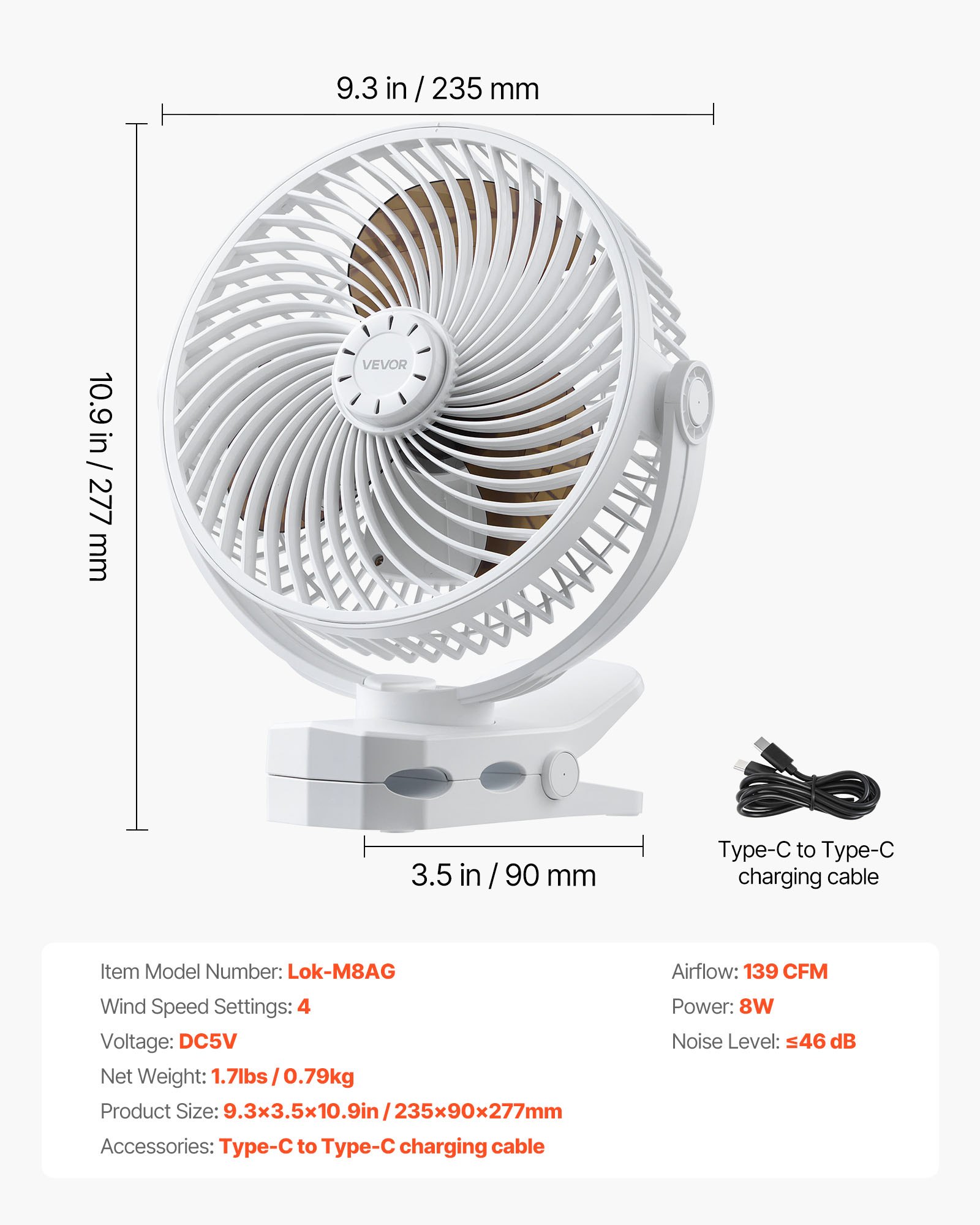 VEVOR Mini Ventilator mit Clip, Tischventilator mit USB-Anschluss, 3 Geschwindigkeitsstufen & Zirkulationsmodus, Umluftventilator für Schreibtisch, Golfwagen, Outdoor-Camping, Laufband, Büro, Weiß
