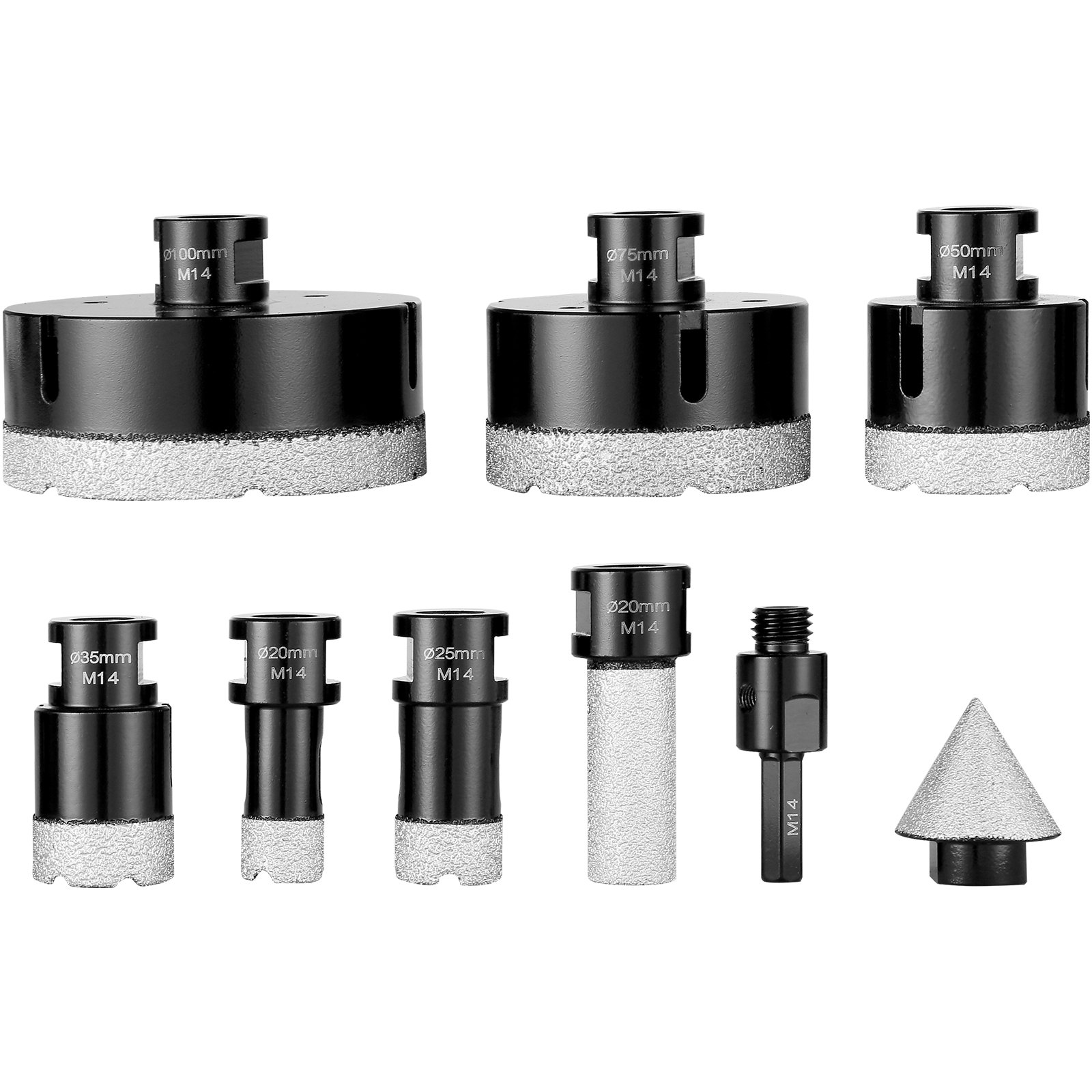 VEVOR Diamant-Kernbohrer-Set, 6-teilig, 20/25/35/50/75/100 mm Diamant-Lochsägen-Set, mit Fingerfräser-Kegelbohrer-Sägeblatt und Aufbewahrungskoffer für Trockene und Nasse Diamantbohrer