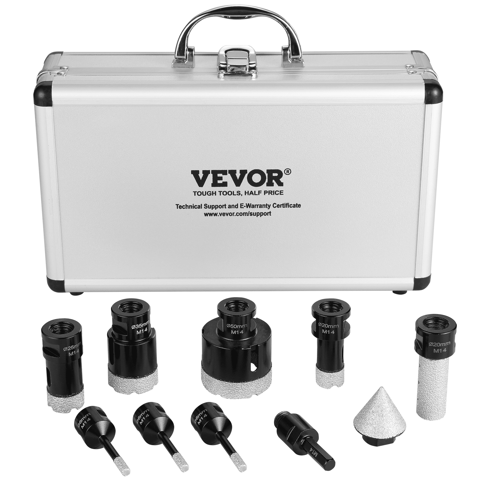 VEVOR Diamant-Kernbohrer-Set, 7-teilig, 6/6/6/20/25/35/50 mm Diamant-Lochsägen-Set, mit Fingerfräser-Kegelbohrer-Sägeblatt und Aufbewahrungskoffer für trockene und nasse Diamantbohrer für Fliesen und