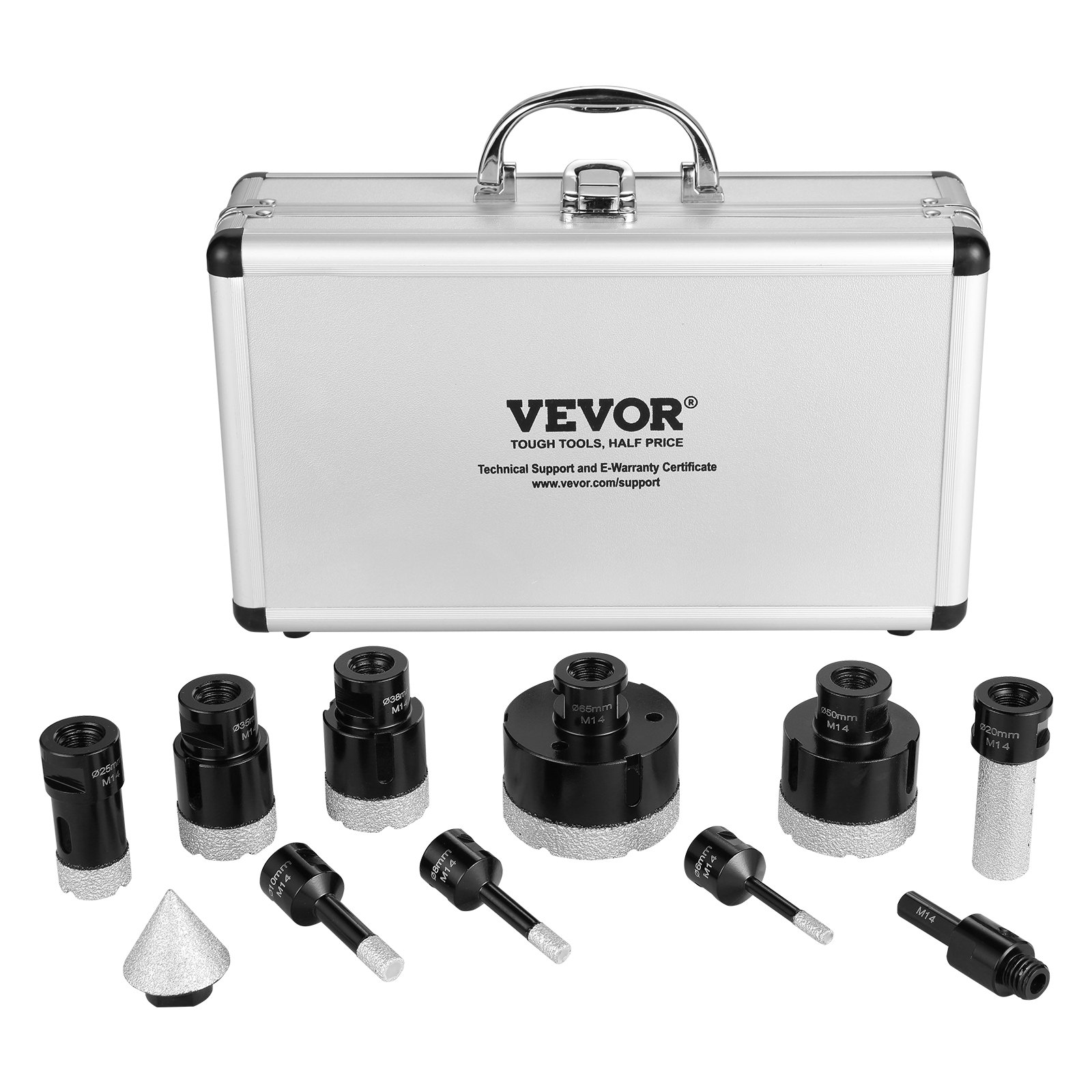 VEVOR Diamant-Kernbohrer-Set, 8-teilig, 6/8/10/25/35/38/50/65 mm, Diamant-Lochsägen-Set, mit Fingerfräser, Kegelbohrer, Sägeblatt und Aufbewahrungskoffer für Trocken & Nass, Diamantbohrer