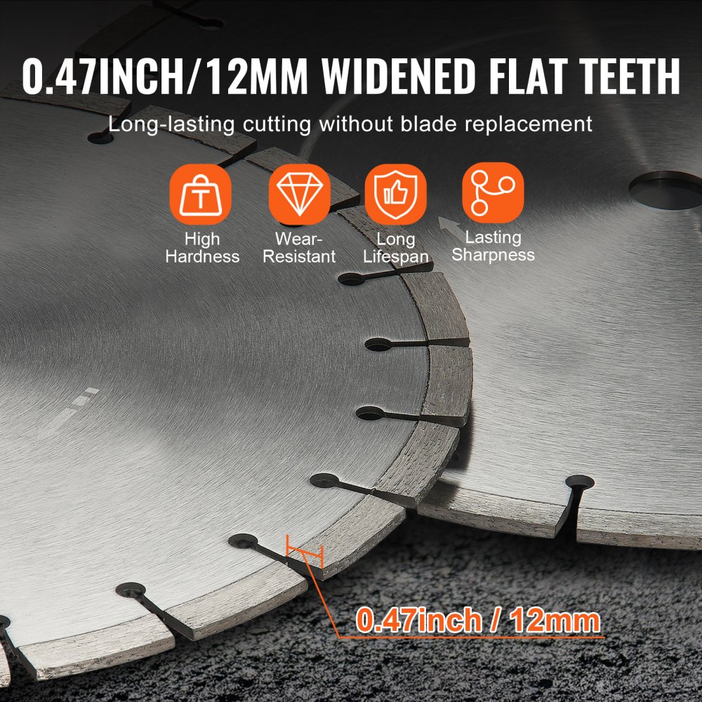 VEVOR diamond saw blade, 14 inch/350 mm concrete saw blade, wet or dry, 0.47 inch/12 mm diamond segment saw blade with flat teeth, universal center hole diameter 1 inch/25.4 mm, for concrete, cement boards, tiles, bricks