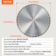 VEVOR Diamant-Sägeblatt Beton-Sägeblatt Nass/Trocken Flache Zähne 50cm