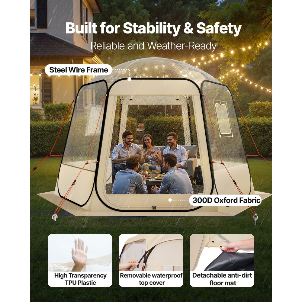VEVOR Pop-up-Bubble-Zelt, 305 x 275 x 220 cm, transparentes Campingzelt, Garten-Kuppel-Iglu-Zelt mit Fenstern, Sportzelt, 540°-Panoramablick, für 4–8 Personen, Terrasse, Hinterhof