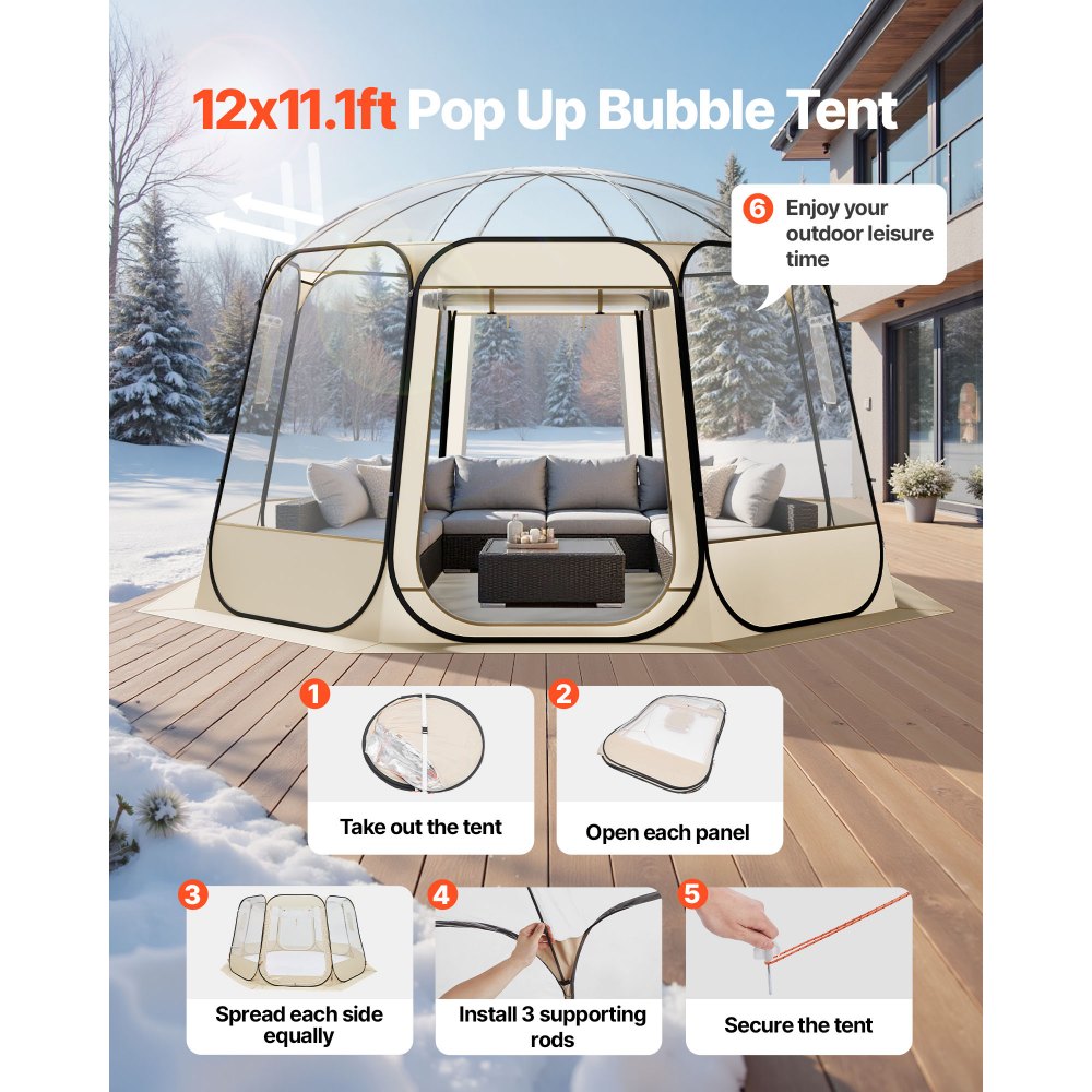 VEVOR Pop-up-Bubble-Zelt, 366 x 345 x 220 cm, transparentes Campingzelt, Garten-Kuppel-Iglu-Zelt mit Fenstern, Sportzelt, 540°-Panoramablick, für 10–12 Personen, Terrasse, Hinterhof