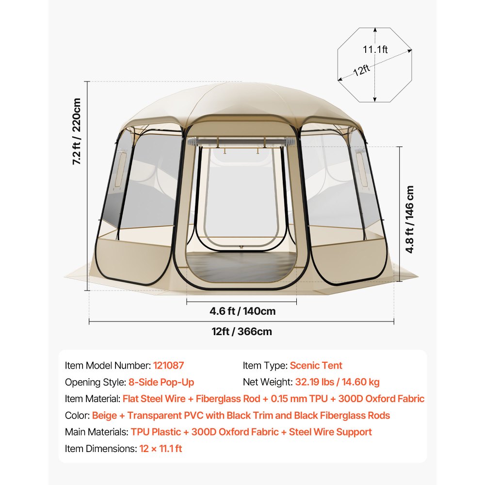 VEVOR Pop-up-Bubble-Zelt, 366 x 345 x 220 cm, transparentes Campingzelt, Garten-Kuppel-Iglu-Zelt mit Fenstern, Sportzelt, 540°-Panoramablick, für 10–12 Personen, Terrasse, Hinterhof