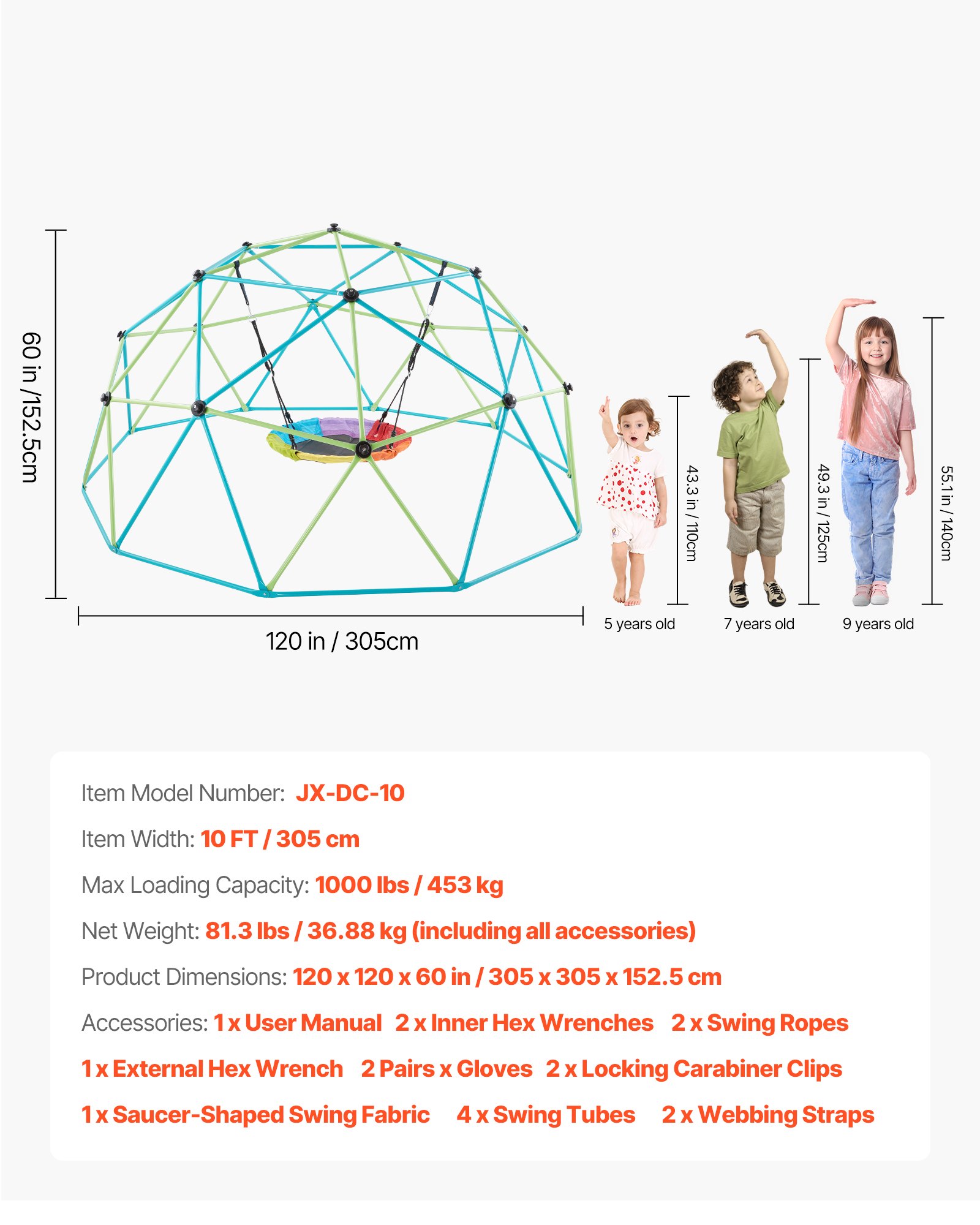 VEVOR Kletterkuppel geometrisches Klettergerüst (305 cm breit) mit Tellerschaukel, 453 kg belastbares Klettergerüst, Klettergerät für Kinder von 3 bis 10 Jahren Gartenspielzeug Spielplatz