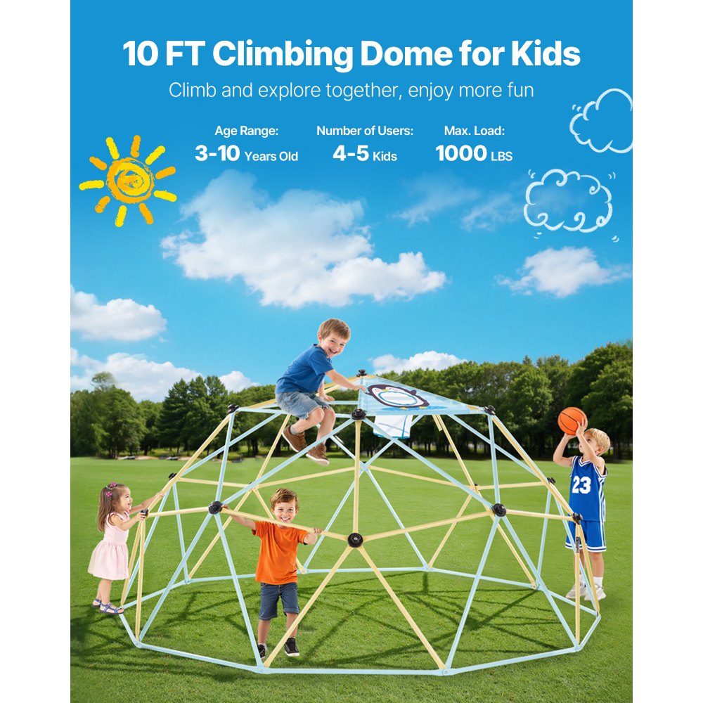 VEVOR Kletterkuppel geometrisches Klettergerüst mit 2 Basketbällen & Netz (305 cm), 453 kg belastbares Klettergerüst, Klettergerät für Kinder von 3 bis 10 Jahren Gartenspielzeug Spielplatz
