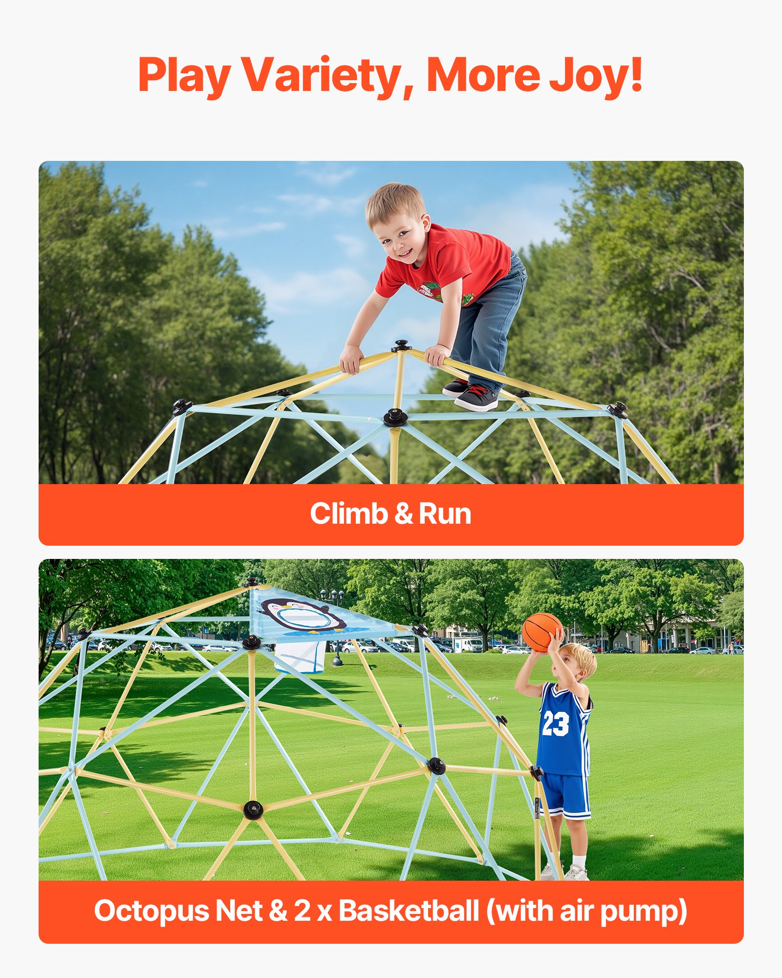VEVOR Kletterkuppel geometrisches Klettergerüst mit 2 Basketbällen & Netz (305 cm), 453 kg belastbares Klettergerüst, Klettergerät für Kinder von 3 bis 10 Jahren Gartenspielzeug Spielplatz