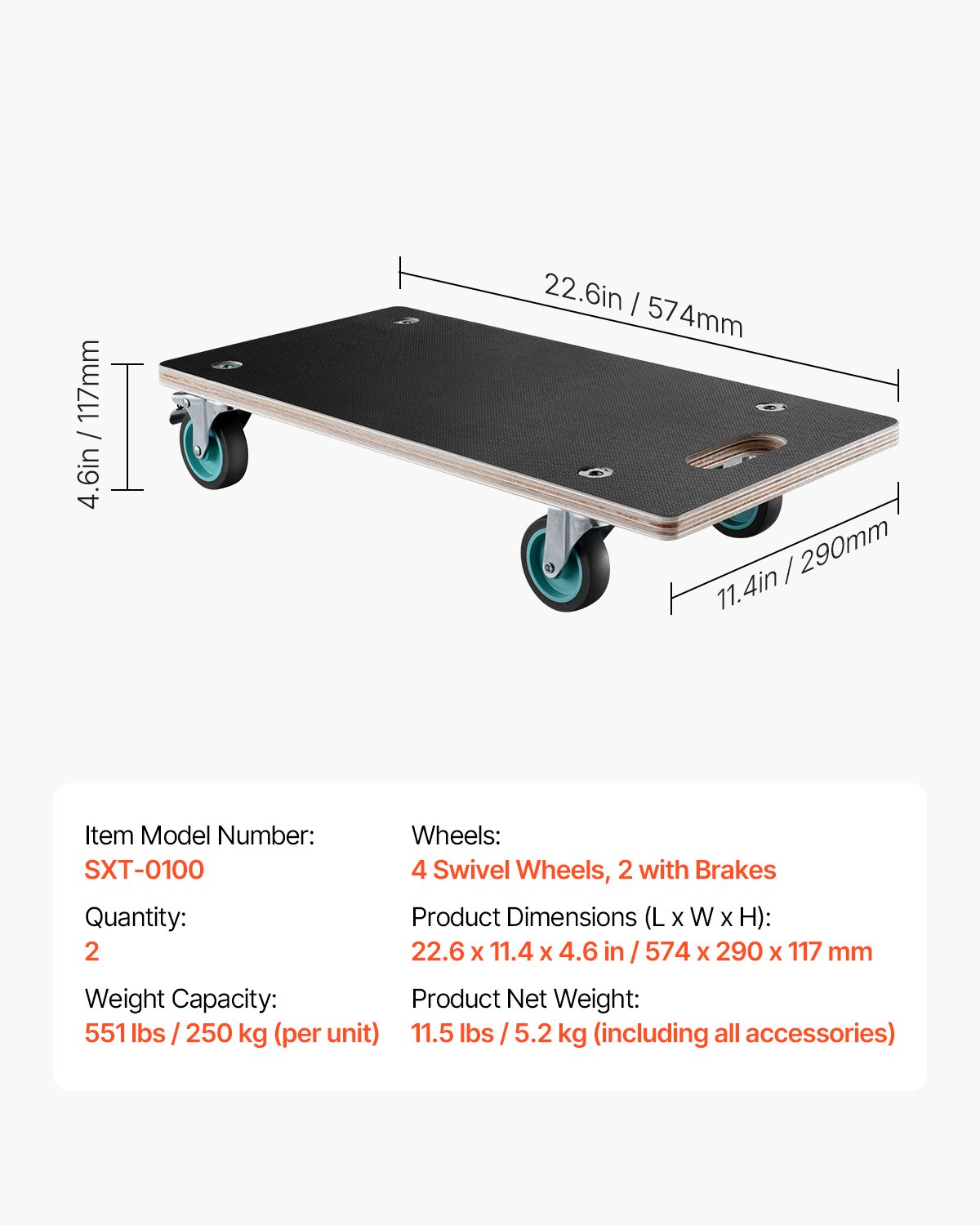 VEVOR Rollbrett, 250 kg Tragkraft, Möbeltransportwagen mit 4 geräuscharmen TPR-Rädern, rechteckiger Transportroller für Klavier, Möbel, Couch, Waschmaschine, Kühlschrank, 2er-Set, schwarz