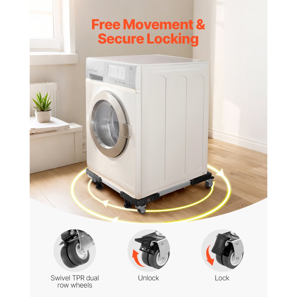 VEVOR Washing Machine Pedestal Base, 500 kg Load Capacity, Mobile Base with Lockable Twin Wheels & 4 Brakes, 69.85-89.9 cm Adjustable Furniture Trolley for Washing Machine, Refrigerator & Dryer