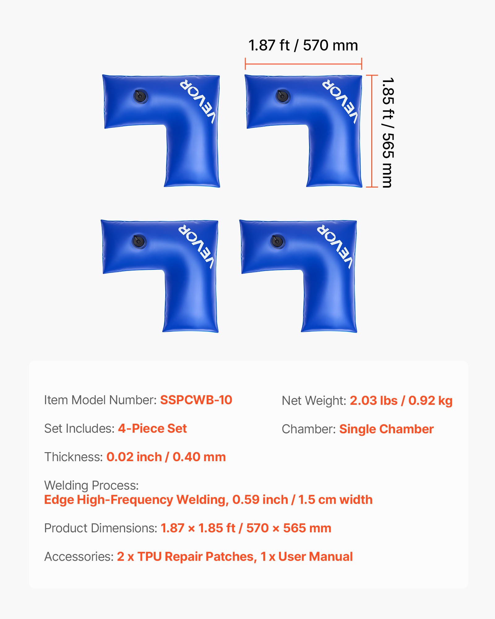 VEVOR Wassersack Eckausführung, 6er Pack à 570 x 565 mm, 0,4 mm dicke PVC-Säcke mit auslaufsicherem Schraubverschluss, Pool Beschwerungssack zur Befestigung von Poolabdeckungen im Winter, blau