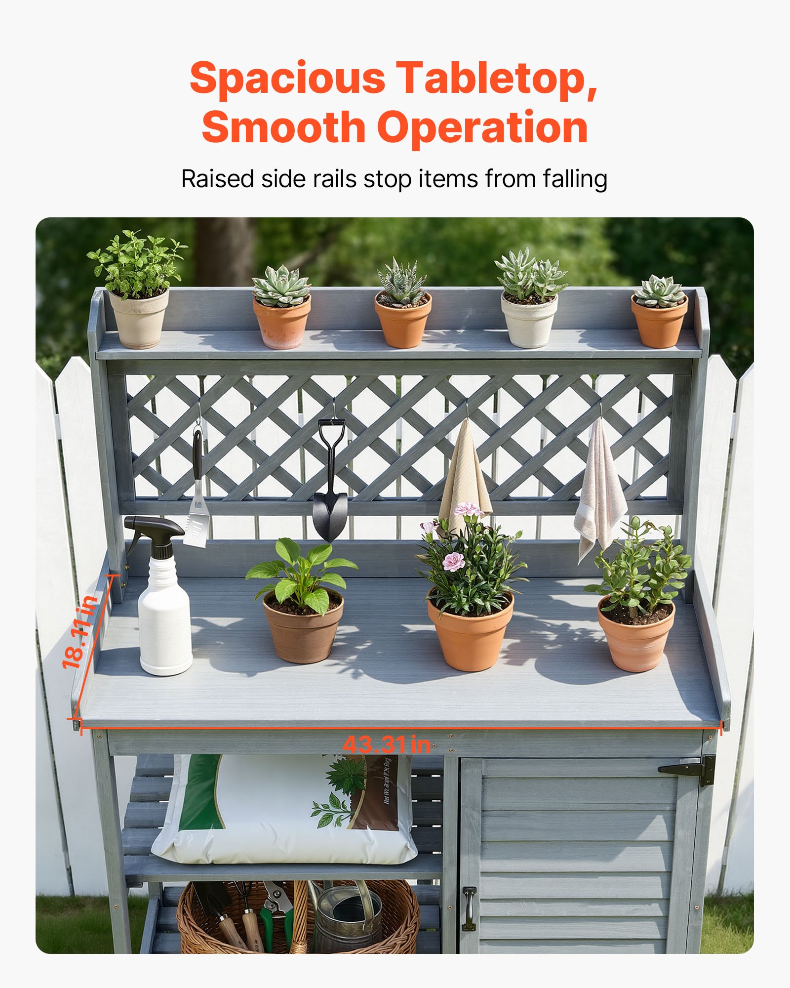 VEVOR Pflanztisch, Gärtnertisch Gartenarbeitstisch mit Unterschrank, Ablagefächern & Holzplatte, Gartenschrank, Blumentisch, Umtopftisch ideal für Terrasse, Garten & Balkon, Grau, 1100x460x1470 mm