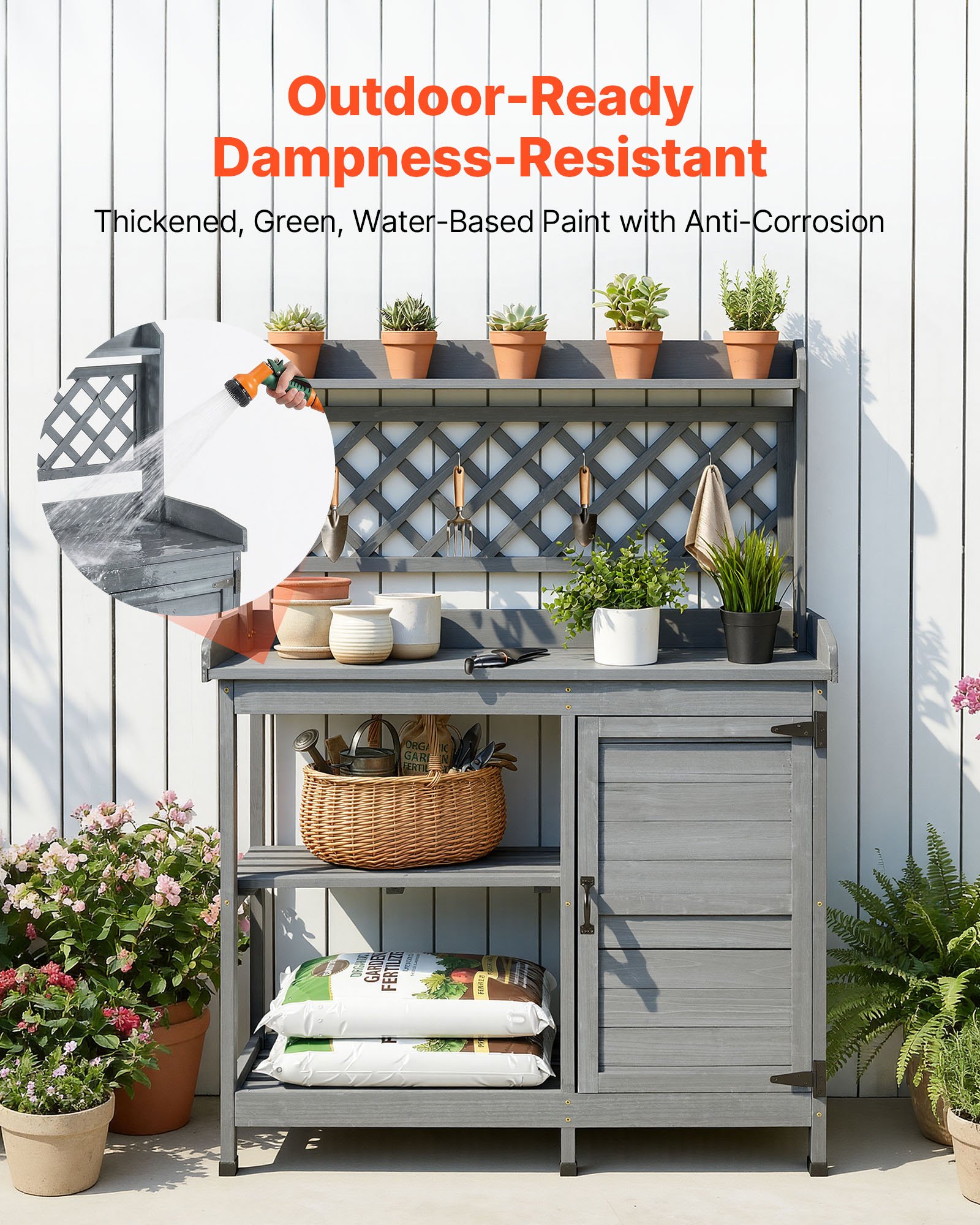 VEVOR Pflanztisch, Gärtnertisch Gartenarbeitstisch mit Unterschrank, Ablagefächern & Holzplatte, Gartenschrank, Blumentisch, Umtopftisch ideal für Terrasse, Garten & Balkon, Grau, 1100x460x1470 mm