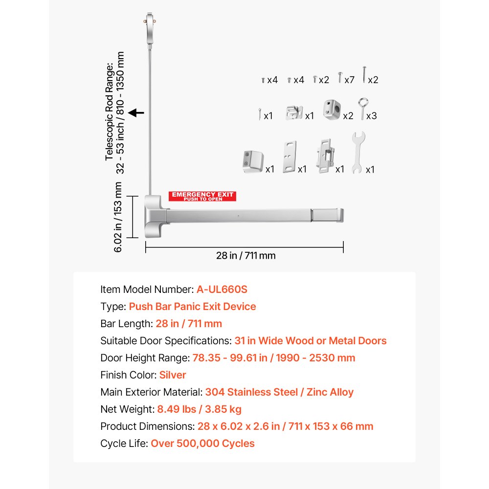 VEVOR Panikstangen für Ausgangstüren 711 mm, Türdrückstange aus Edelstahl für Notausgangstüren, Türbeschlag mit Vertikaler Stange & Aufkleber, für 71-104 cm breite Holz-/Metalltüren, Silber