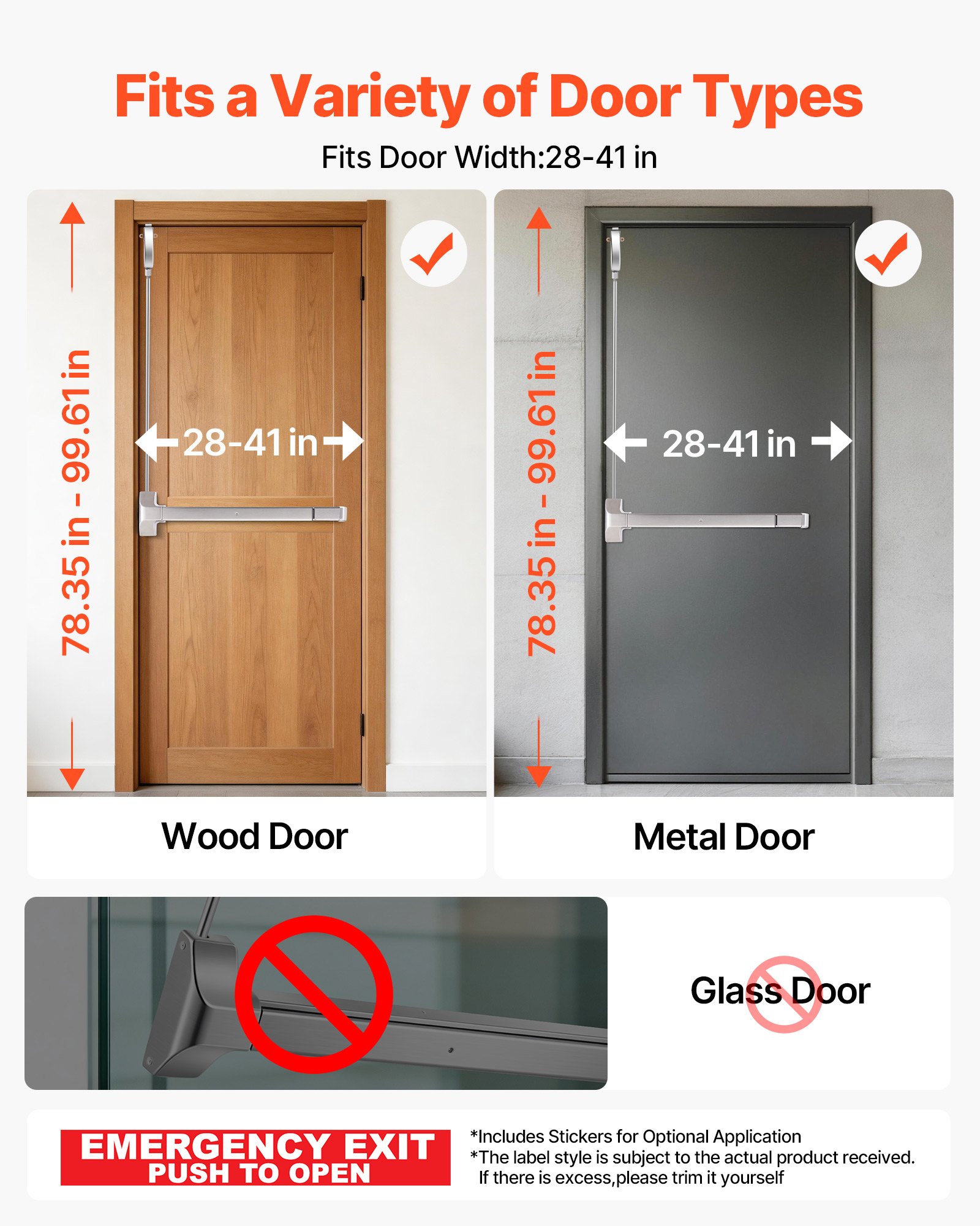 VEVOR Panikstangen für Ausgangstüren 711 mm, Türdrückstange aus Edelstahl für Notausgangstüren, Türbeschlag mit Vertikaler Stange & Aufkleber, für 71-104 cm breite Holz-/Metalltüren, Silber