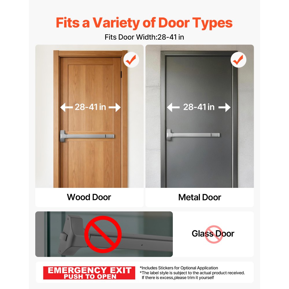 VEVOR Panikstange für Ausgangstüren 711 mm, Türdrückstange für Notausgangstüren, Notausgangstürbeschlag mit Warnaufkleber, Notausgangsstange für 71–104 cm breite Holz-/Metalltüren, Silber