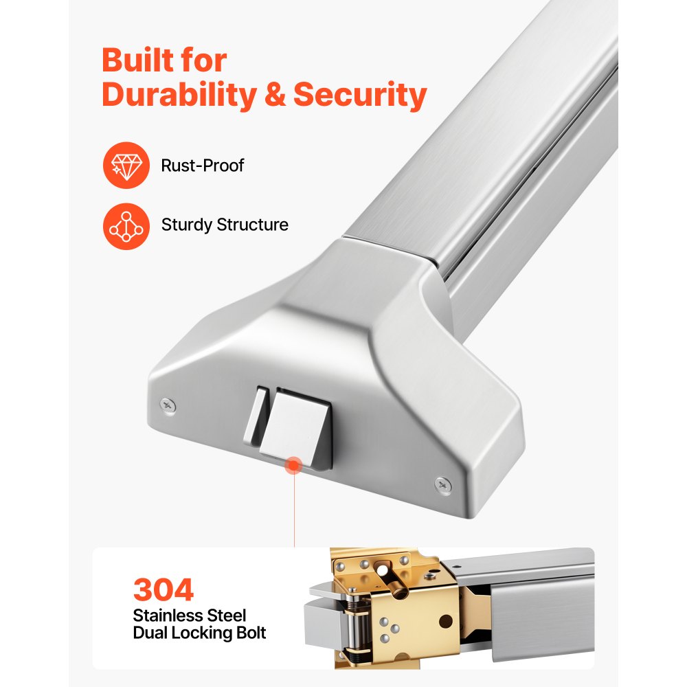 VEVOR Panikstange für Ausgangstüren, 788 mm, Notausgangsstange, Notausgangstürbeschlag mit Doppeltem Verriegelungsbolzen & Aufkleber, für 79–117 cm Breite Holz- oder Metalltüren, Silber