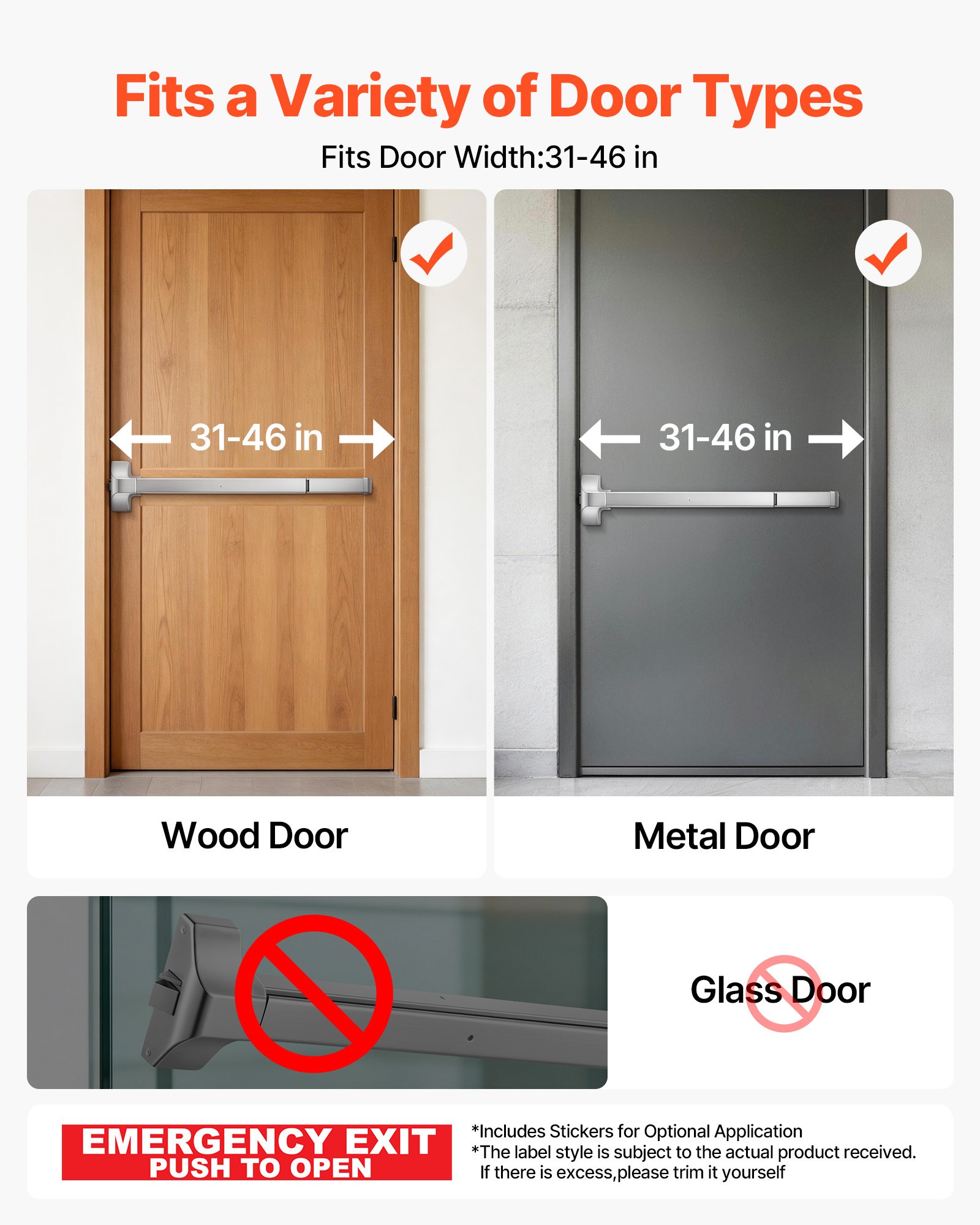 VEVOR Panikstange für Ausgangstüren, 788 mm, Notausgangsstange, Notausgangstürbeschlag mit Doppeltem Verriegelungsbolzen & Aufkleber, für 79–117 cm Breite Holz- oder Metalltüren, Silber
