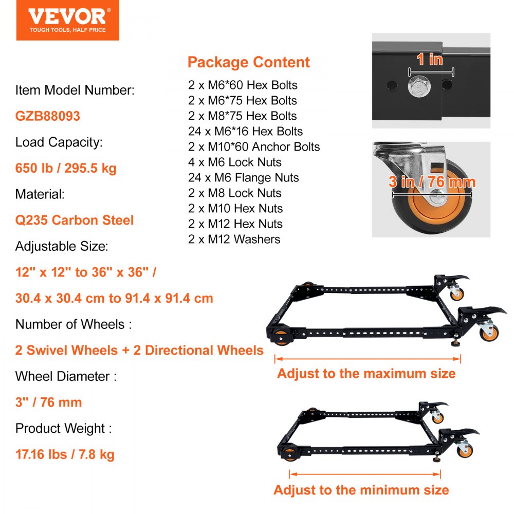 VEVOR Mobiler Unterbau, Tragkraft 650 lbs, einstellbar von 12 x 12 Zoll bis 36 x 36 Zoll, robuster universeller mobiler Unterbau mit Schwenkrädern, für Holzbearbeitungsgeräte, Bandsägen, Elektrowerkzeuge, Maschinen