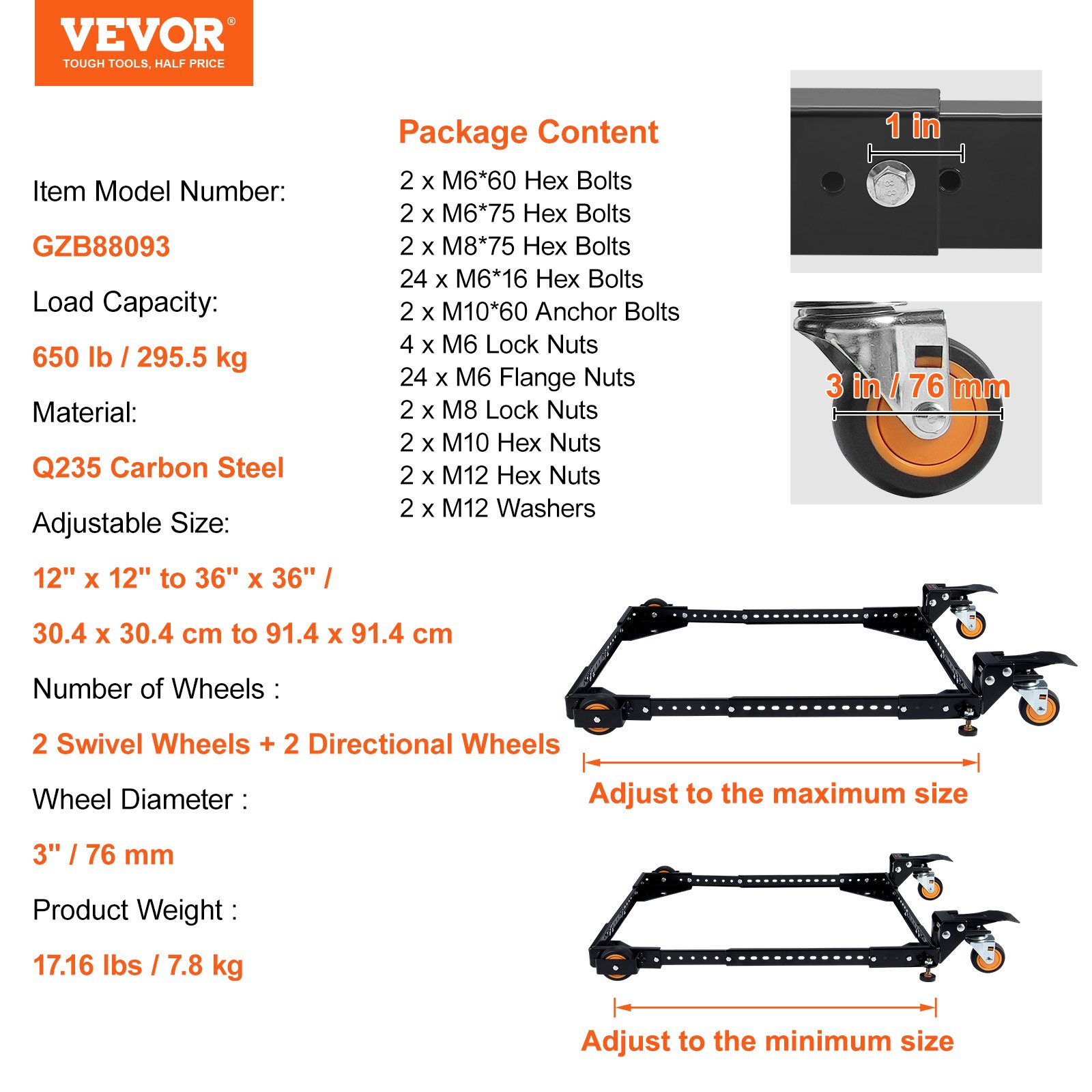 VEVOR Mobiler Unterbau, Tragkraft 650 lbs, einstellbar von 12 x 12 Zoll bis 36 x 36 Zoll, robuster universeller mobiler Unterbau mit Schwenkrädern, für Holzbearbeitungsgeräte, Bandsägen, Elektrowerkzeuge, Maschinen
