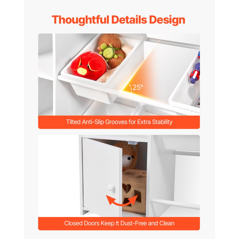 VEVOR Spielzeugaufbewahrung Bücherregal Spielzeugregal, 4-stöckige multifunktionale Ablage mit 8 flexiblen Kunststoffbehältern, Schrank für Schlafzimmer Klassenzimmer Kinderzimmer weiß