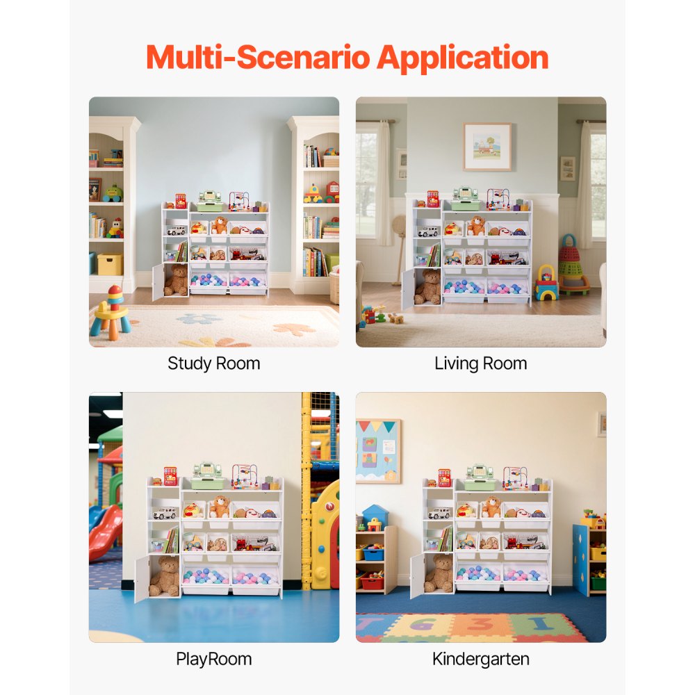 VEVOR Spielzeugaufbewahrung Bücherregal Spielzeugregal, 4-stöckige multifunktionale Ablage mit 8 flexiblen Kunststoffbehältern, Schrank für Schlafzimmer Klassenzimmer Kinderzimmer weiß