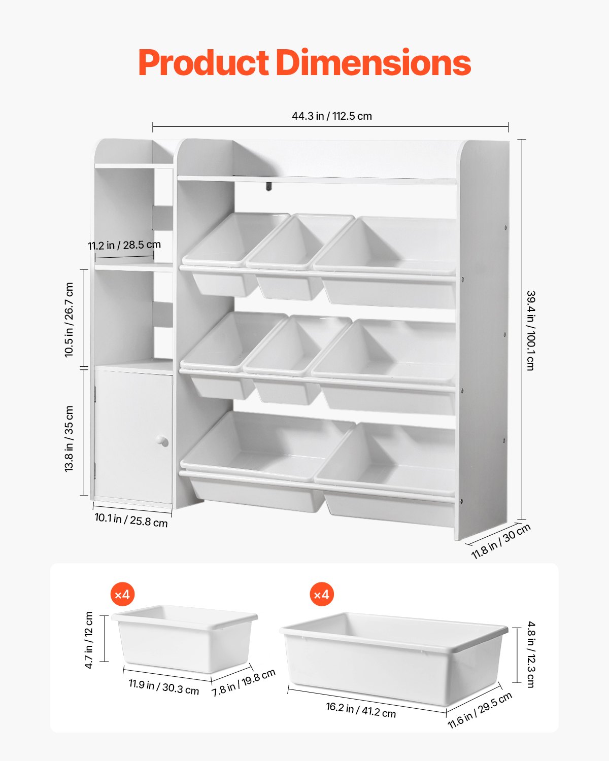 VEVOR Spielzeugaufbewahrung Bücherregal Spielzeugregal, 4-stöckige multifunktionale Ablage mit 8 flexiblen Kunststoffbehältern, Schrank für Schlafzimmer Klassenzimmer Kinderzimmer weiß