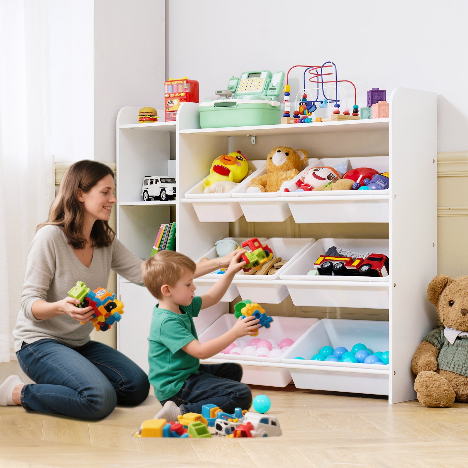 VEVOR Spielzeugaufbewahrung Bücherregal Spielzeugregal, 4-stöckige multifunktionale Ablage mit 8 flexiblen Kunststoffbehältern, Schrank für Schlafzimmer Klassenzimmer Kinderzimmer weiß