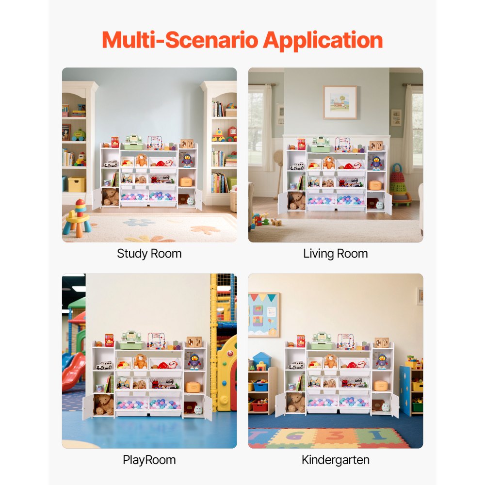VEVOR Spielzeugaufbewahrung Organizer Bücherregal Spielzeugregal, 4-stöckige multifunktionale Ablage mit 8 flexiblen Kunststoffbehältern Schrank für Schlafzimmer Klassenzimmer Kinderzimmer Weiß