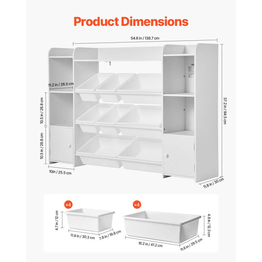 VEVOR Kids Toy Storage and Bookshelf, 4-Tier Large Toy Storage Organizer with 8 Flexible Plastic Bins, Kids Cubby Cabinet with Bookshelf for Study Room, Bedroom, Playroom, Classroom, Nursery, White