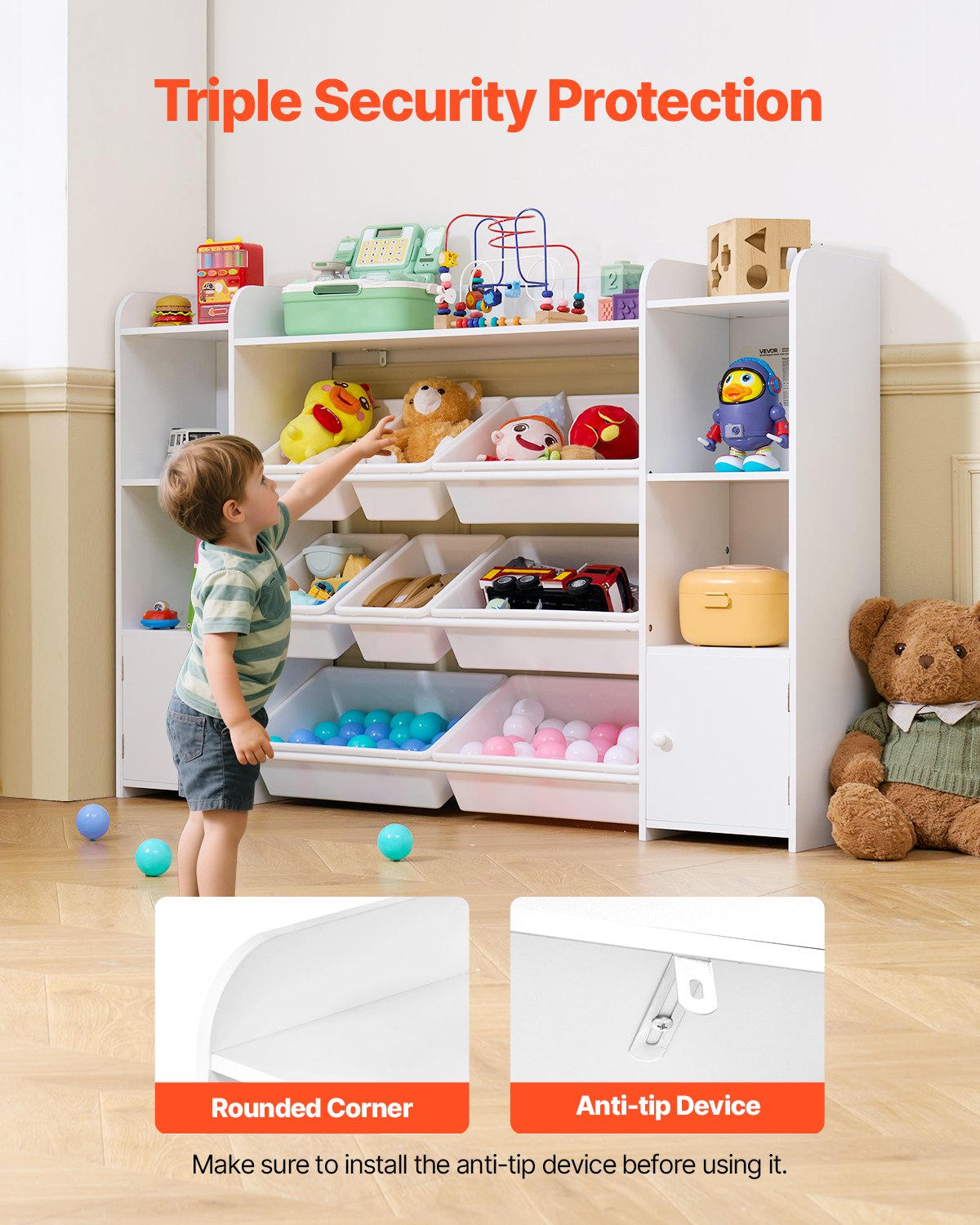 VEVOR Spielzeugaufbewahrung Organizer Bücherregal Spielzeugregal, 4-stöckige multifunktionale Ablage mit 8 flexiblen Kunststoffbehältern Schrank für Schlafzimmer Klassenzimmer Kinderzimmer Weiß