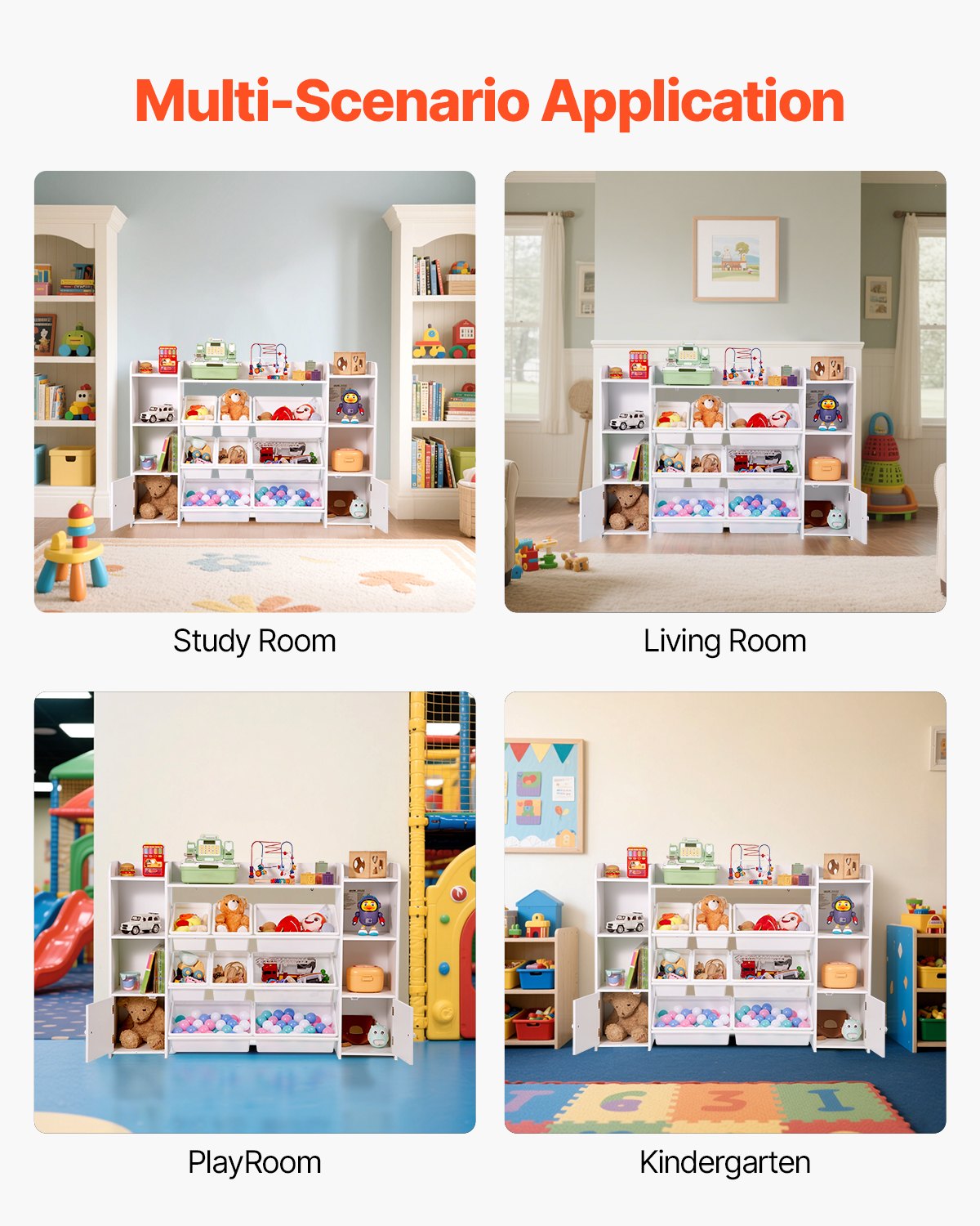 VEVOR Spielzeugaufbewahrung Organizer Bücherregal Spielzeugregal, 4-stöckige multifunktionale Ablage mit 8 flexiblen Kunststoffbehältern Schrank für Schlafzimmer Klassenzimmer Kinderzimmer Weiß
