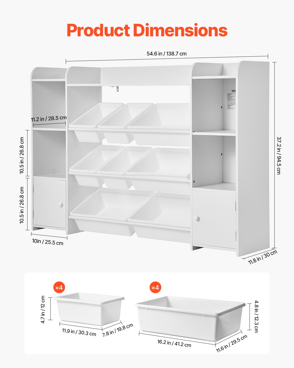 VEVOR Kids Toy Storage and Bookshelf, 4-Tier Large Toy Storage Organizer with 8 Flexible Plastic Bins, Kids Cubby Cabinet with Bookshelf for Study Room, Bedroom, Playroom, Classroom, Nursery, White