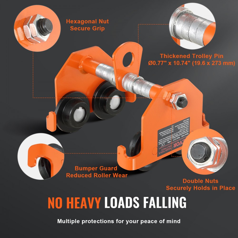 VEVOR Laufkatze 0,5Tonnen Tragfähigkeit Hallenkran 63,5-203,2mm Einstellbare Breite Kran 273x205x192mm Rollfahrwerk Doppelrad-Design Handfahrwerk für I- und H-Trägern Hallenkran Ladekran