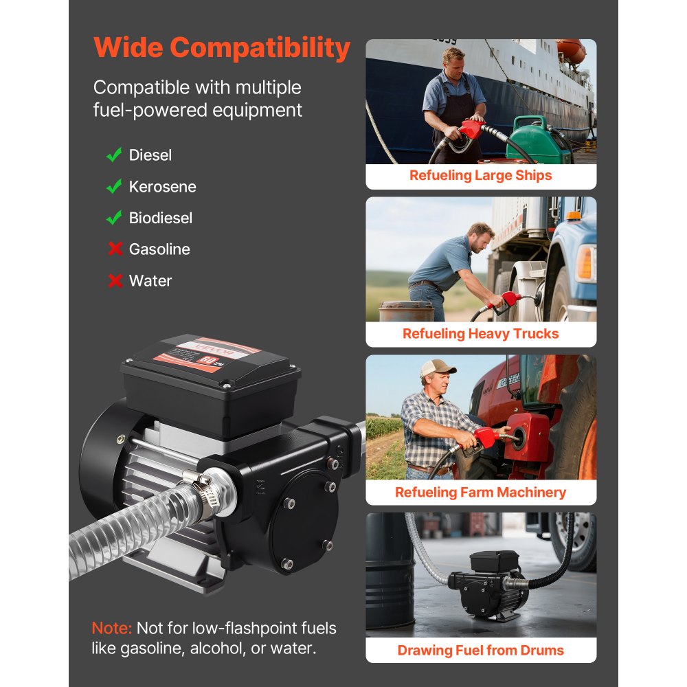 VEVOR Kraftstoff-Transferpumpe, 230 V AC, elektrische Diesel-Transferpumpe, 60 l/min, mit automatischer Abschaltung der Kraftstoffdüse, 2 Schläuchen, 13,7 m Förderhöhe, für Kerosin, Biodiesel
