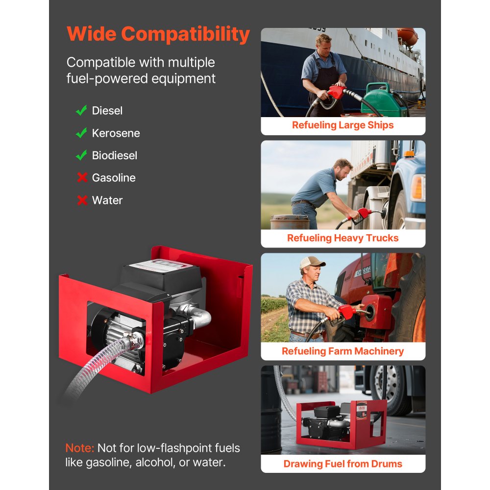 VEVOR Kraftstofftransferpumpe, elektrische Diesel-Transferpumpe, 60L/min, mit Durchflussmesser, automatisch abschaltender Kraftstoffdüse, 2 Schläuchen, 13,7m Förderhöhe, für Kerosin, Biodiesel